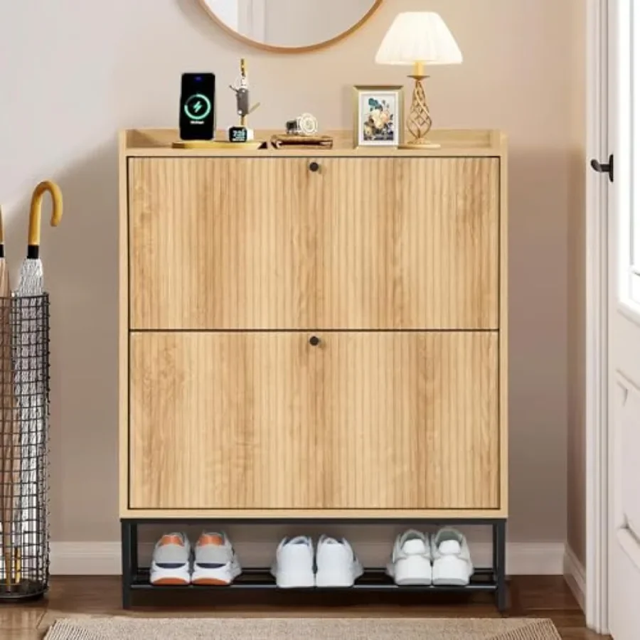 Fluted Shoe Cabinet with 2 Flip Drawers Modern Slim Shoe Storage Organizer Narrow Entryway Shoe Rack Wooden Shoe Cabinet with M