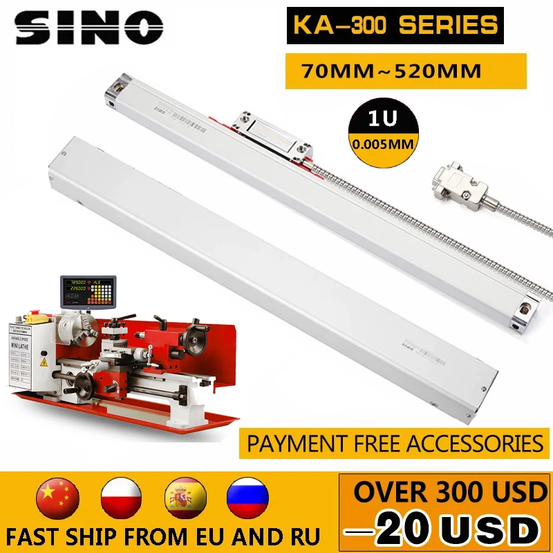 

SINO 1μm High Precision Optical Grating Ruler Sensor Linear Scale Encoder For Lathe Milling DRO Display 120~420 470 520mm KA300