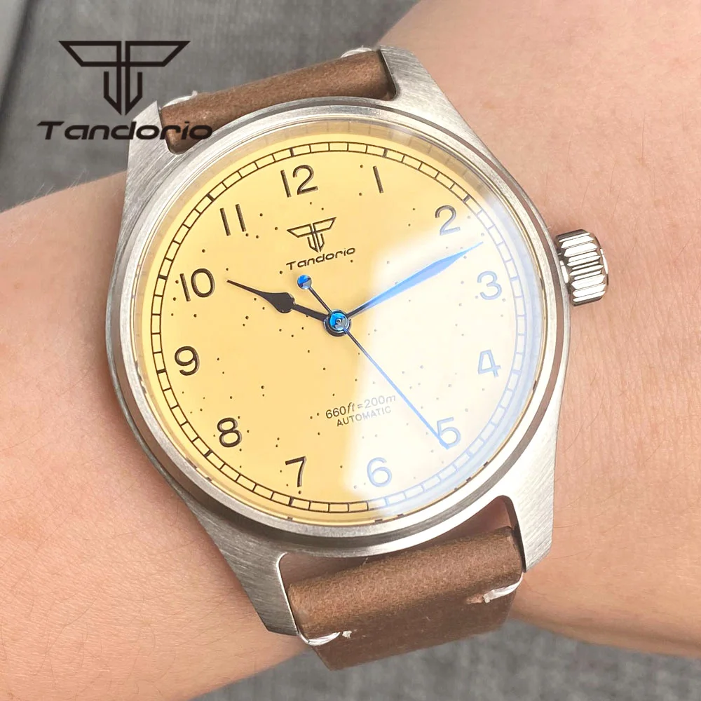 Tandorio Vintage Simple 39mm 200M Automatic Men's Pilot Watch NH35A PT5000 Movement Yellow Dial Sapphire Glass Luminous Leather