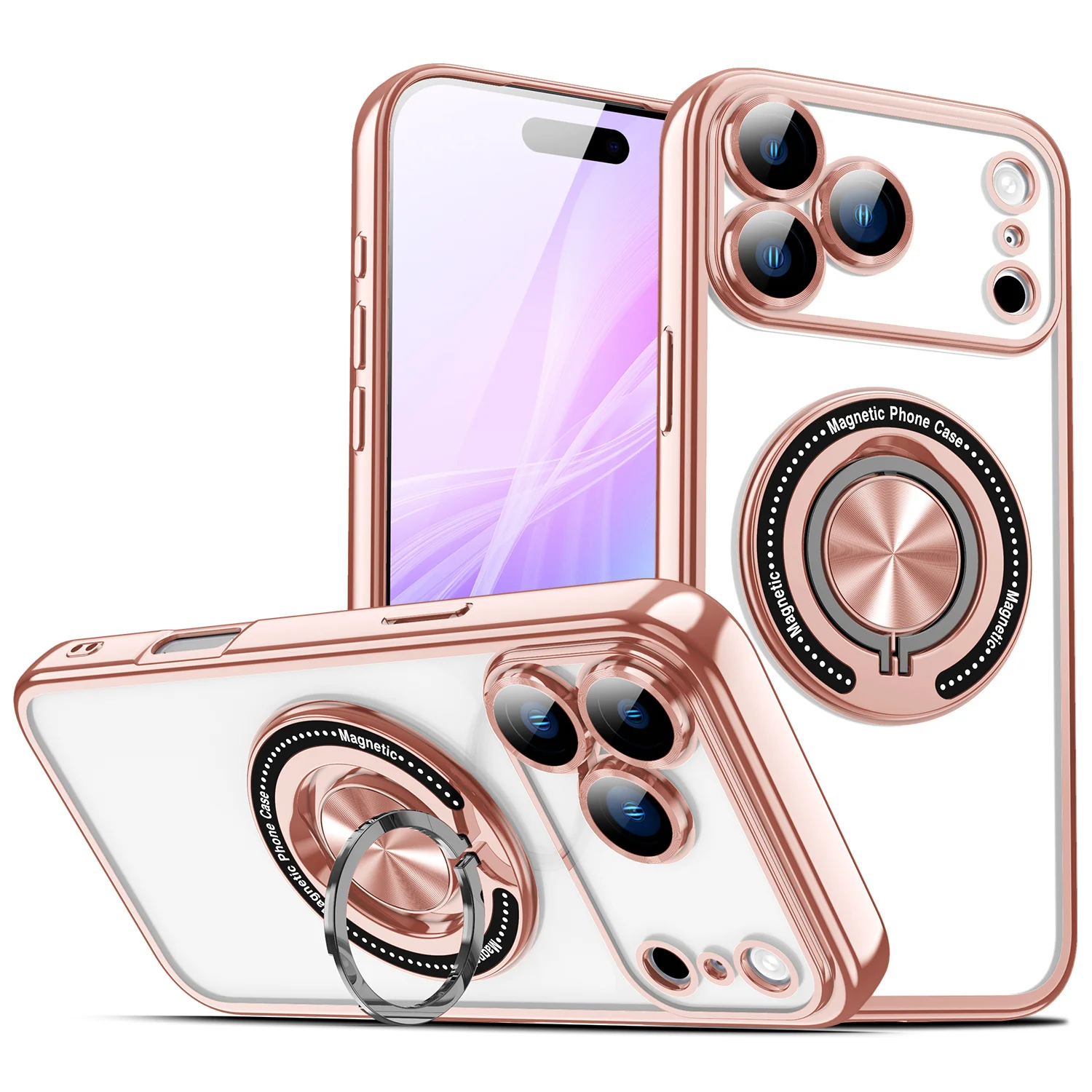 Luxury Magnetic Ring Stand Holder Case with Plating and Clear Design