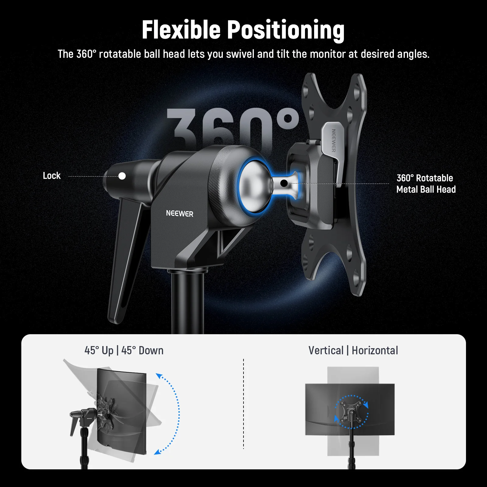 Arca 퀵 릴리스 360을 갖춘 NEEWER VESA 모니터 마운트 어댑터 °   TV 화면용 회전식 볼 헤드 M4 나사 라이트 스탠드 어댑터