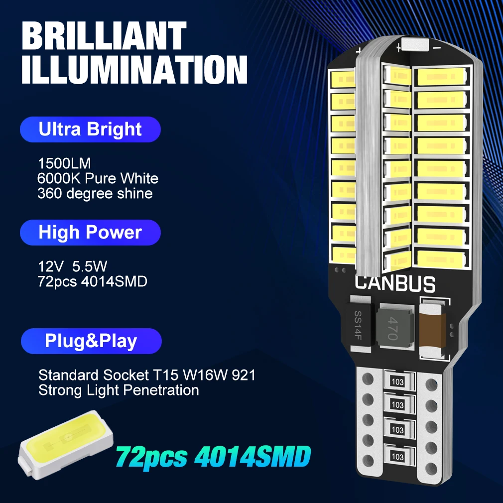 2pcs Canbus T15 W16W 921 912 T16 902 LED  72pcs 4014SMD   3000LM ڵ   6000K  12V