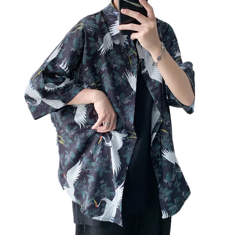 

Men's Oversized Open Stitch Shirts Harajuku Crane Print Shirts Fashion High Streetwear Summer Loose Casual Blouse Beach Clothes