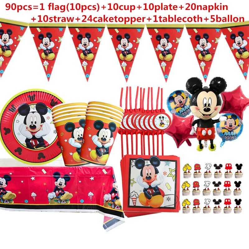 1Set Red Mickey Mouse Theme Disposable Paper Cups Plates Flexible Straws Baby Shower Kid Birthday Napkin Decoration Supplies 