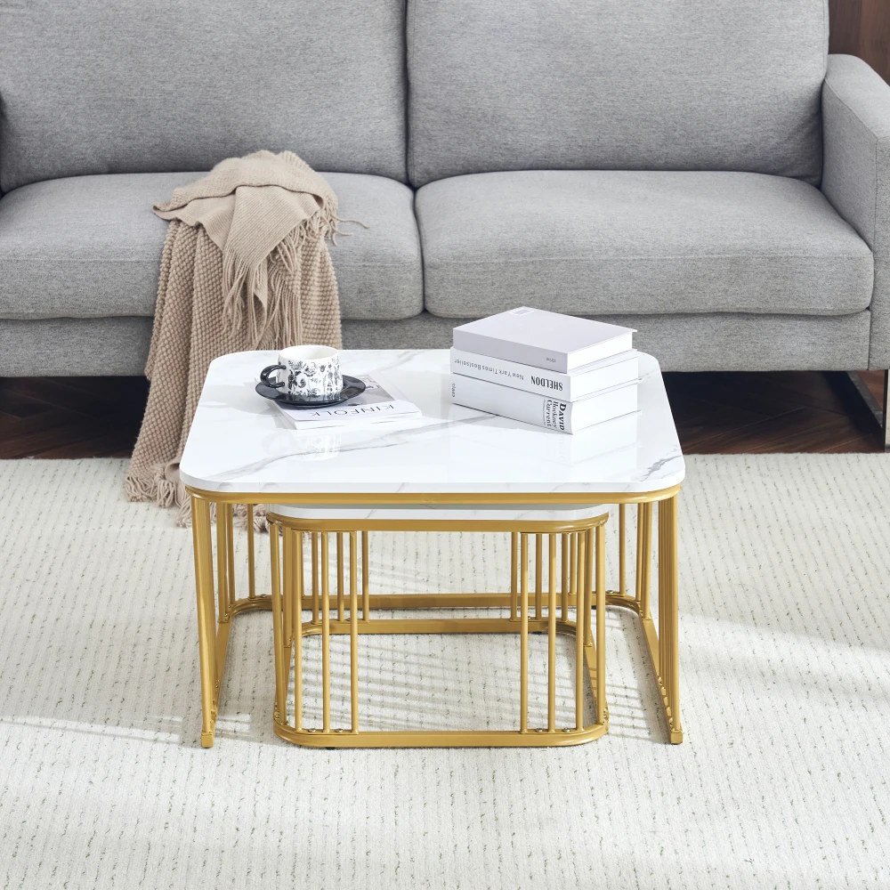 2 Sets quadratische Couchtische mit Hochglanzmarmoroptik, Schiebetische mit goldenen Beinen, 70 x 70 x 45 cm und 50 x 50 x 36,5 cm, vielseitig einsetzbar – Detail 13