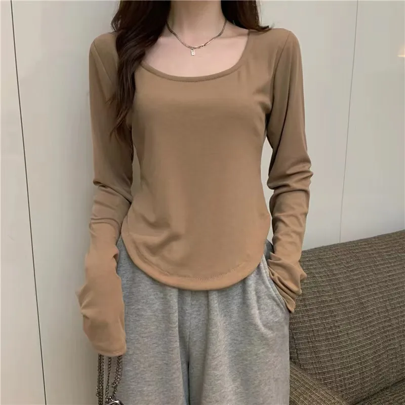 Summer Women Square Collar Long Sleeve Solid Color Irregular