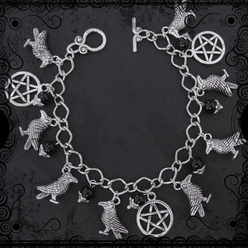Silver Anklet Bracelet Witches Charm Dragon and Amethyst Anklet Pagan Charm Bracelet