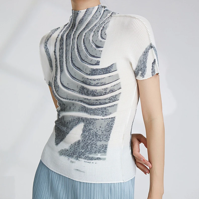 

Women Chic Print Pleated T-shirts Summer Short Sleeve Slim Fit Tops Tees High Street Elegant Ladies O-neck Elastic Tshirts 2023
