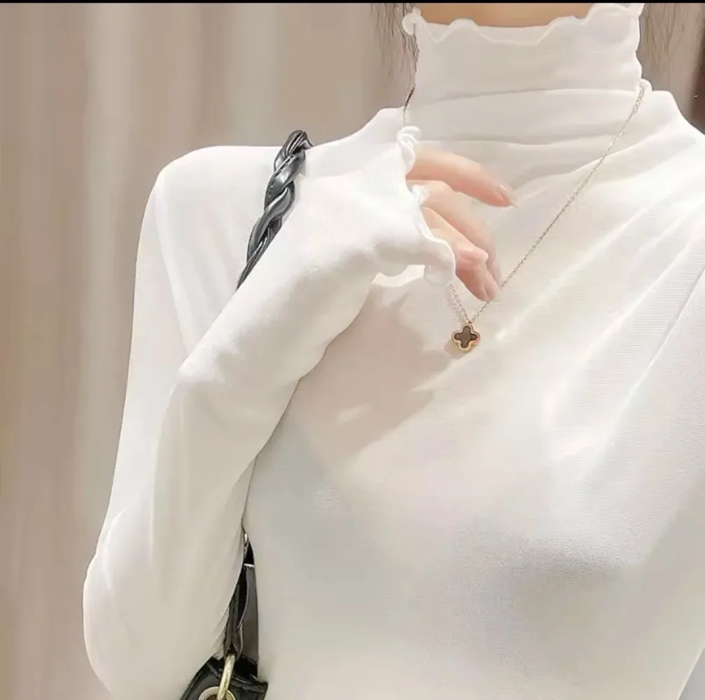 เสื้อเซ็กซี่คอสูงตาข่าย แขนยาว เนื้อผ้าลื่นสีดำ ขาว น้ำตาล
