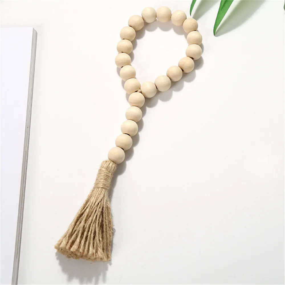 나무 구슬 화환 농가 홈 장식 DIY 수제 화환, 황마 소박한 벽 술 구슬 장식, 벽걸이용