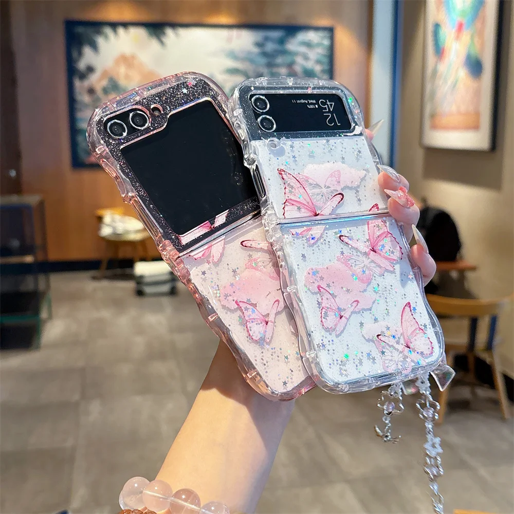 Glitter Bling Epoxy Pendant Shockproof Case with Cartoon Butterfly and Curly Border Design