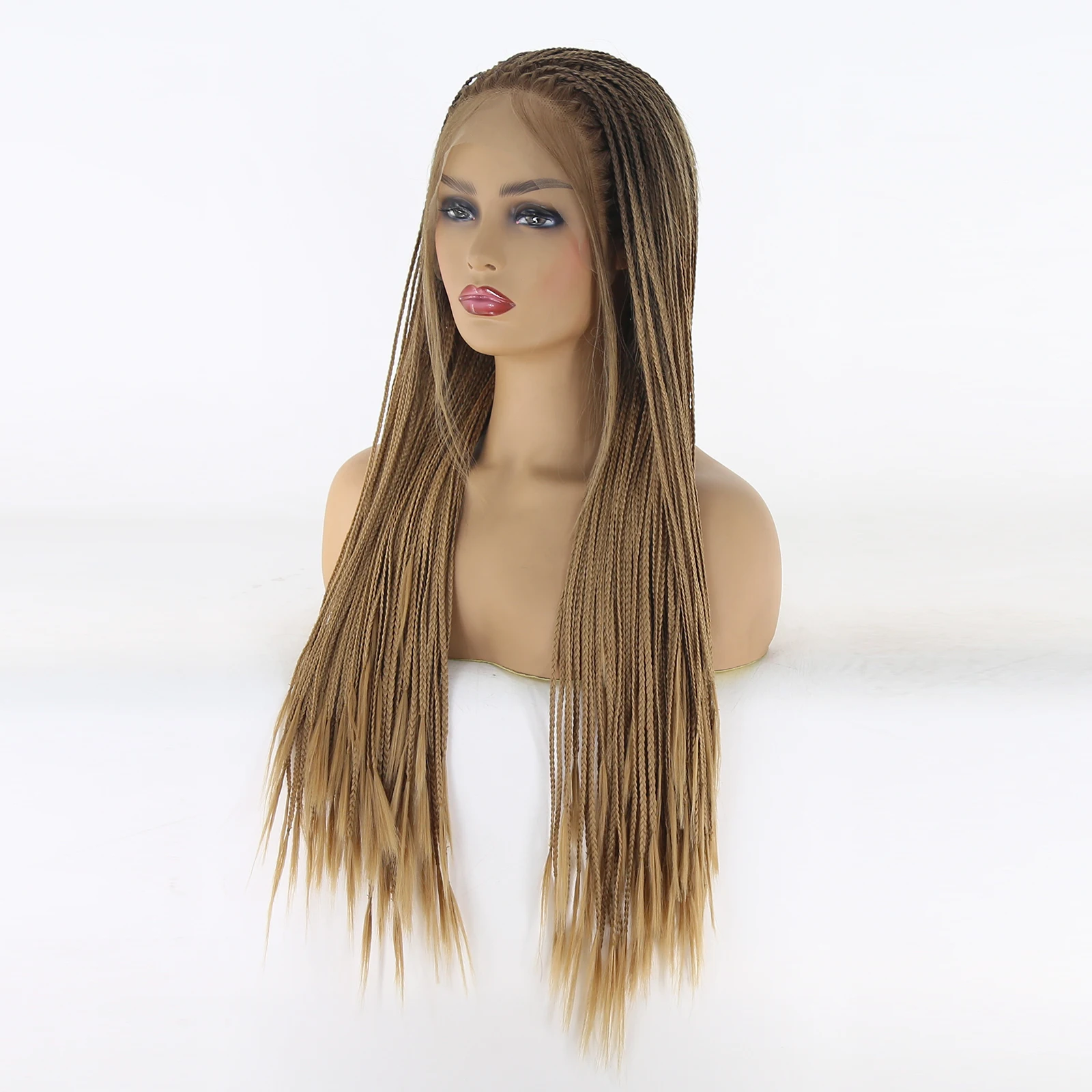 Thiswig Micro Braided Wigs for Black Women 2Tone Brown Ombre Honey Blonde African American Box Braided Synthetic Lace Front Wig
