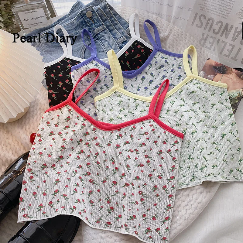 

Pearl Diary Summer New Style Full Printing Knitting Top Women Fashion V-neck Camisole Pretty Flower Black Sleeveless Tops