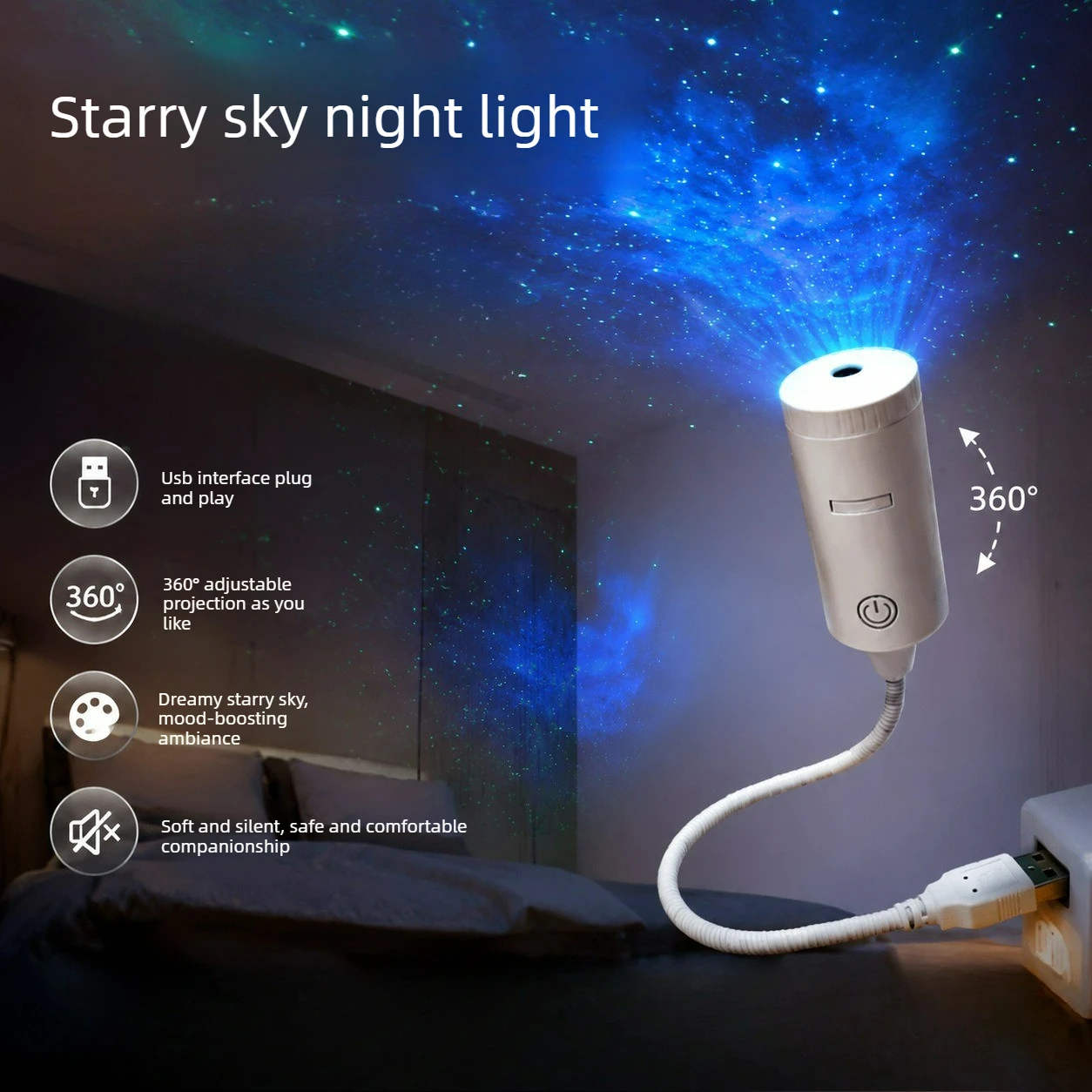 USB 차량용 스타 프로젝터 야간 조명 갤럭시 문 램프 360 ° 유연한 호스 플러그 앤 플레이 스타리 스카이 분위기 조명 (자동차/침실용)