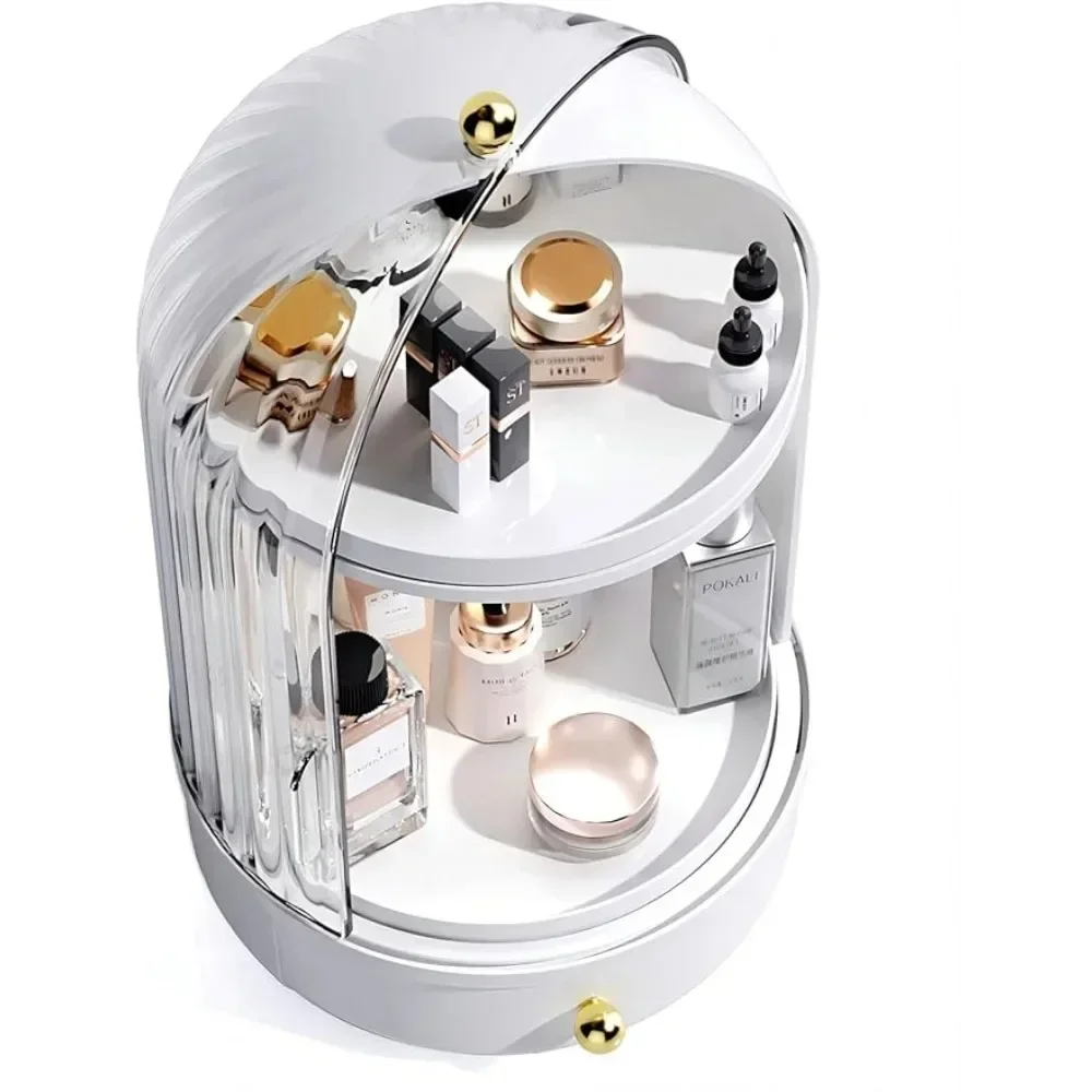 

Makeup Organizer for Vanity Rotating Make up Storage with Cover and Drawer Large Skincare Cosmetics Organizers, White