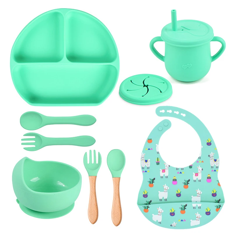 pces conjunto de utensílios de mesa do bebê pratos do bebê do produto comestível do silicone para as crianças bonito impressão bib tigela placas antiderrapantes com otário bpafree