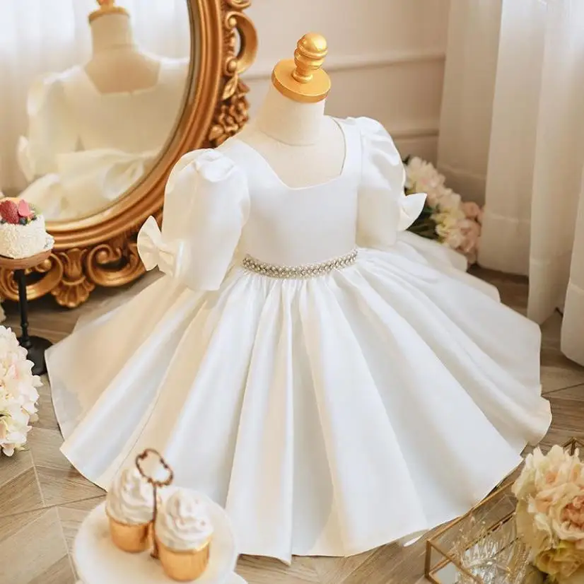 

New Children's Lolita Princess Ball Gown Bow Pearls Design Birthday Baptism Catwalk Easter Eid Party Dresses For Girls A2882