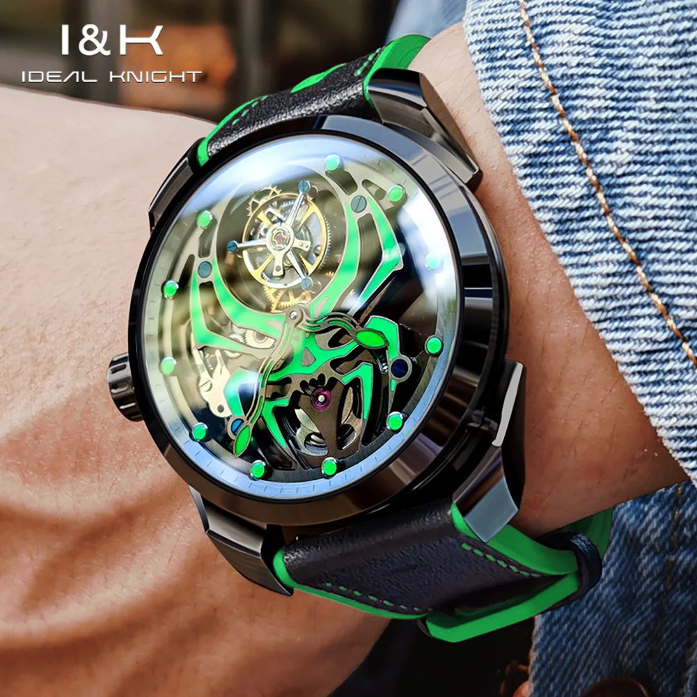 IDEAL KNIGHT 6802 Real Tourbillon Watch for Men Luminous Spider Hollow Flywheel High-end Luxury Brand Mechanical Wristwatch Man