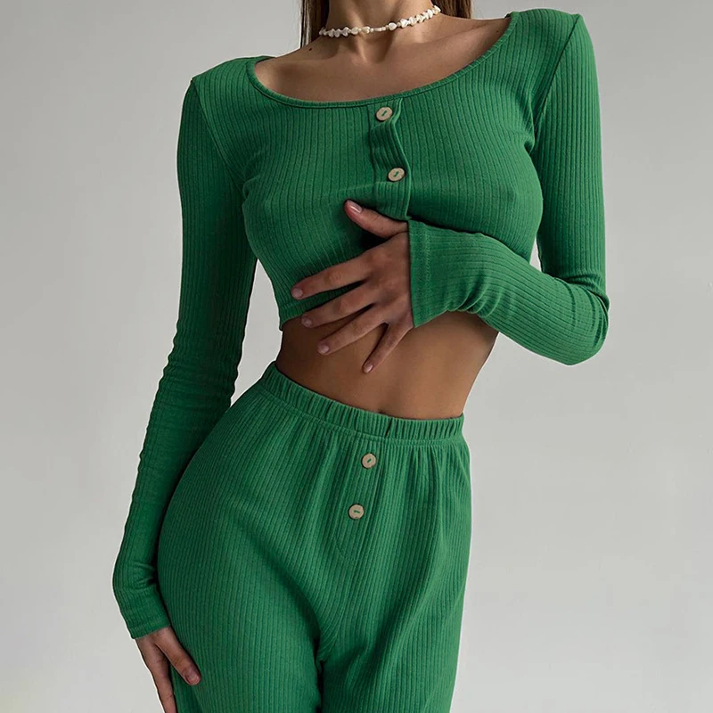 

Rib Knitted Straight Pant Sets Thin Pajamas Simple Long Sleeve T-shirt Trouser Two-piece Set 2023 Casual Homewear Women Outfits