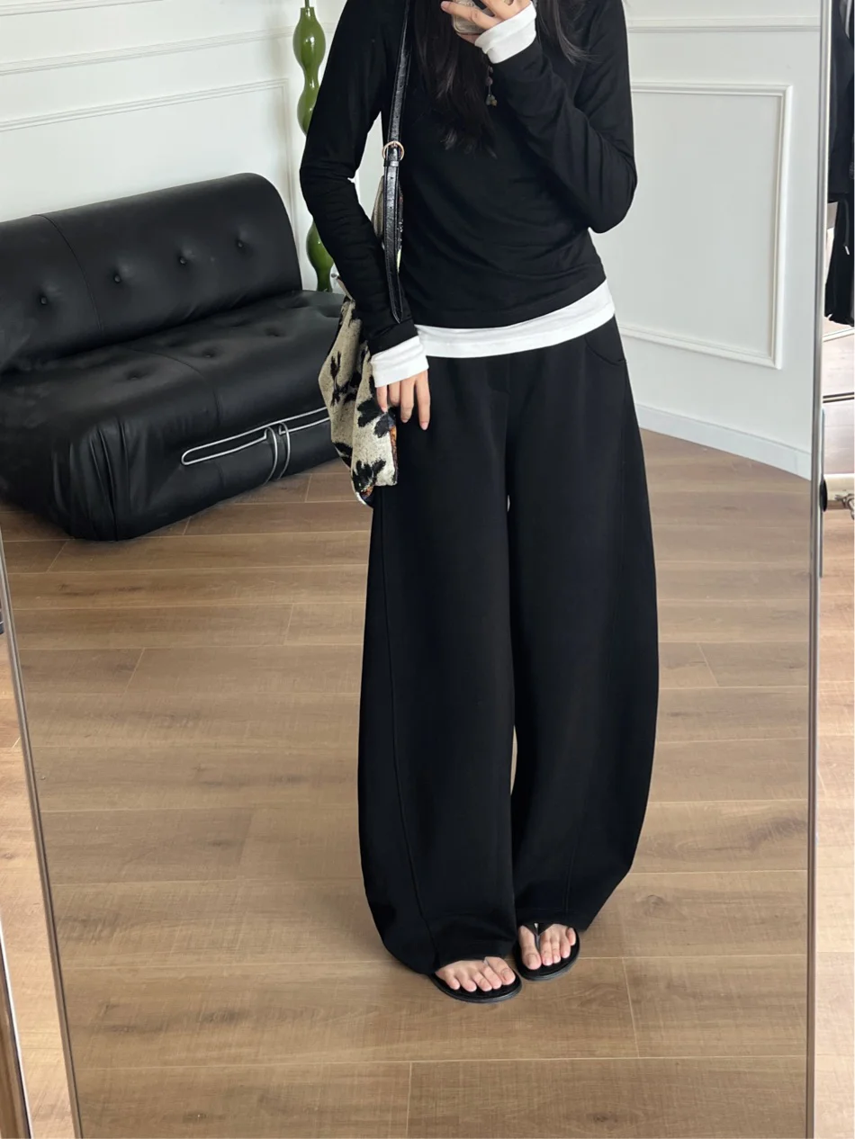 임산부 두꺼운 양털 안감 와이드 레그 바나나 바지 캐주얼 루즈핏 겨울 출산 바지 코튼 폴리에스테르