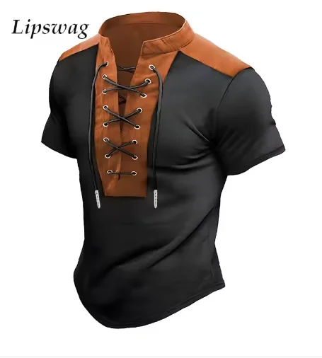 Vintage Drawstring Stand Collar Polo Shirts Summer Men Casual Short Sleeve Tops For Mens Retro Patchwork Polo T Shirts