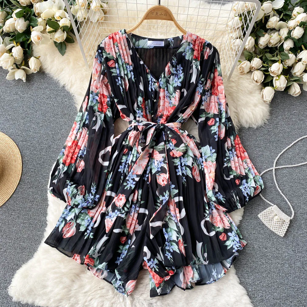 Ladies V-Neck Chiffon Floral Short Jumpsuit Elegant Women Lace-Up Baller Sleeves Boho Playsuit Holiday Summer One-Piece Outfits