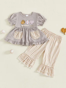 Adorable Infant Girl Baseball Uniform Shirt with Ruffled Hem and Plaid Flare Pants - 2 Piece Autumn Ensemble 2