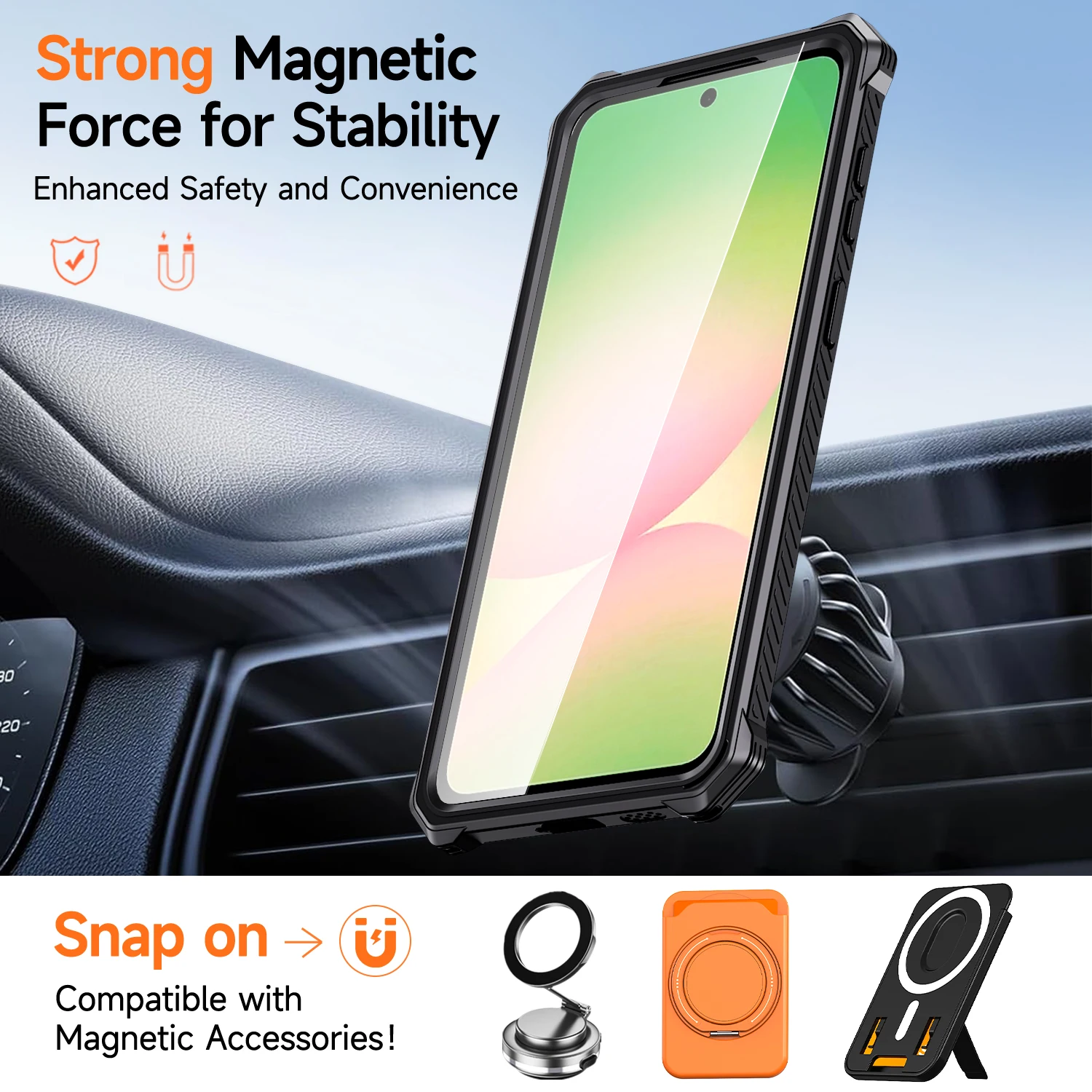 Rugged Armor Phone Case with Magnetic Stand and Rotating Cover