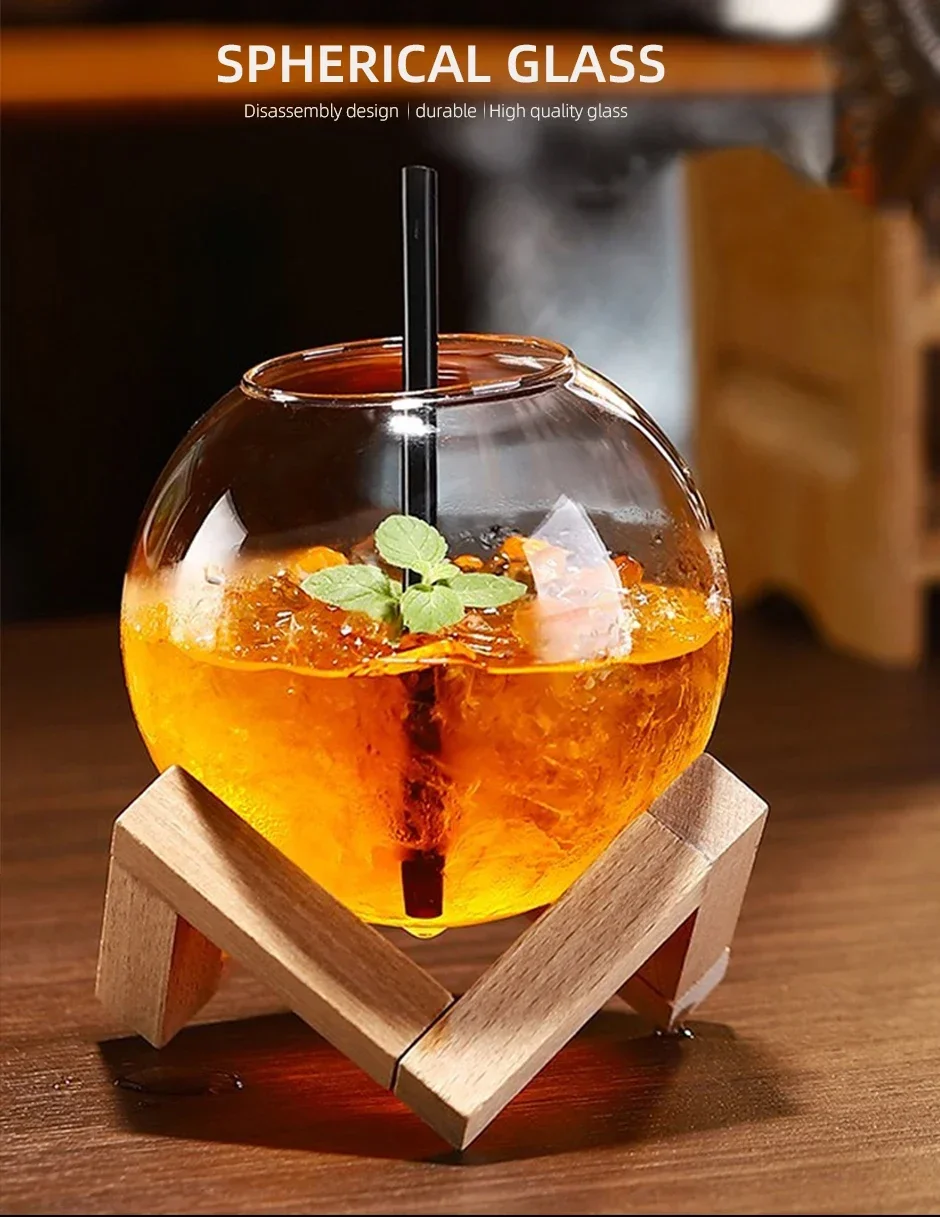 Description Picture 2 of itemCocktail Glass Cup With Wood Stand Creative Bar Glassware Drink Cup Ronud Ball Cocktail Mug Smoothie Fruit Moon Juice Tumbler