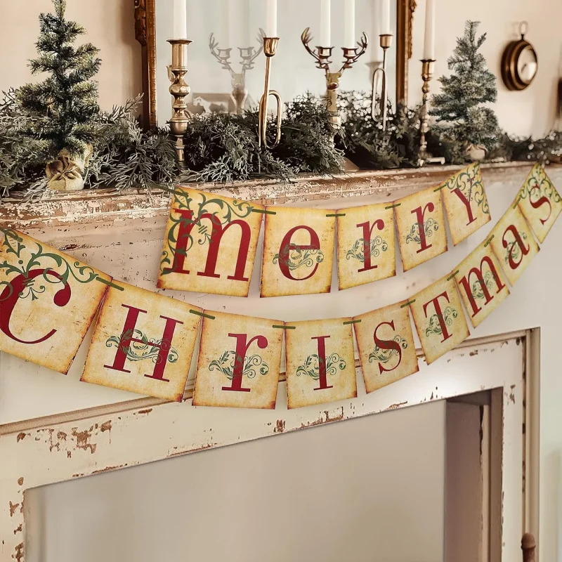 Vintage Christmas Banner Sign - Retro Victorian Style Indoor Decoration & Wall Art