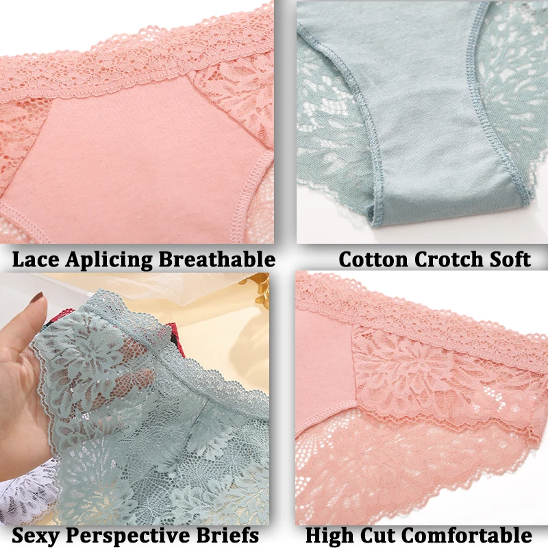 3PCS Lace Panties for Women Low Rise Briefs Female Underwear Floral Perspective Breathable Intimates Lingerie Soft Pantys S-XL