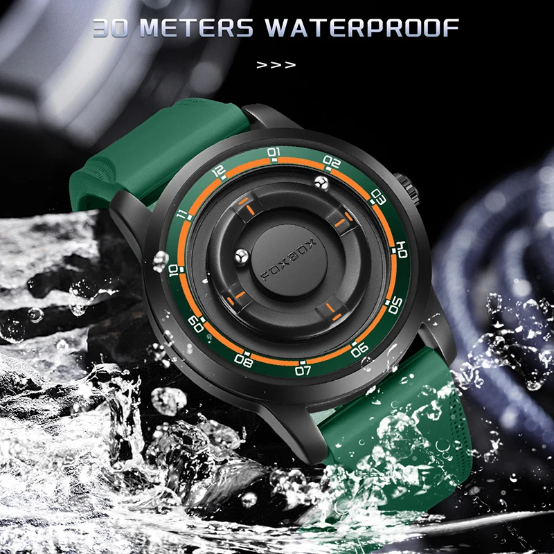 FOXBOX Fashion Green Silicone Watch For Men Outdoor Sports Waterproof Scrolling Pointer Magnetic Force Men's Quartz Wristwatch