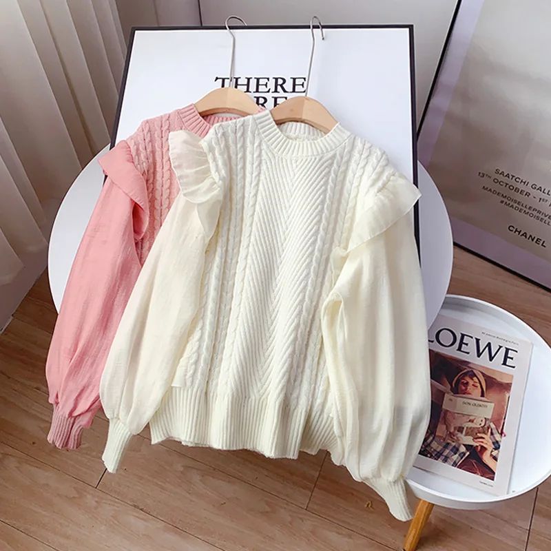 green sweater SONG YI Sweet Puff Sleeve Sweater Spring Tops O Neck Side of Fungus Kawaii Women's jumper Loose Knitted Sweaters A0322 sweater hoodie