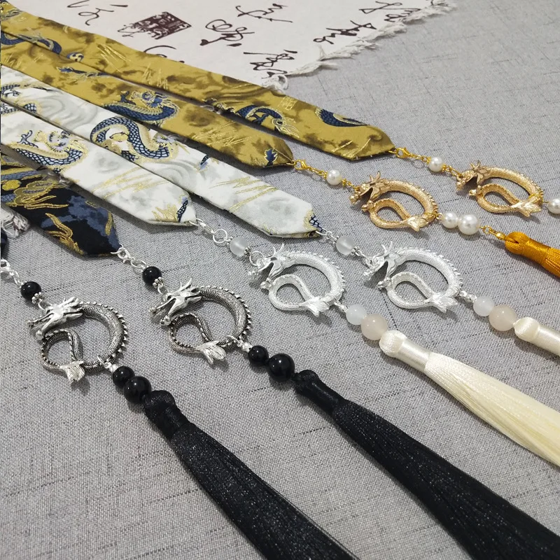 Chinese Style Dragon Pendant Tassel Headwear Antique Hanfu Headband for Women Men Satin Long Ribbon Embroidery Hair Bands antique xuan paper long scroll ripe rice paper heart sutra small regular script brush calligraphy practice with chrysanthemum