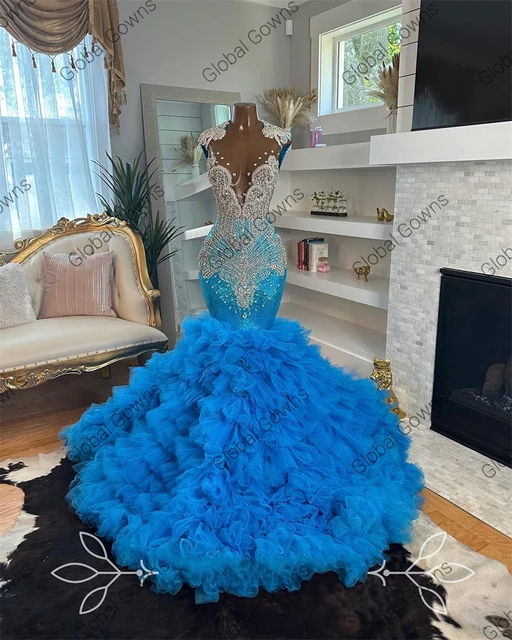 Royal Blue Puffy Prom Dresses Chic Crystals Rhinestones Beaded