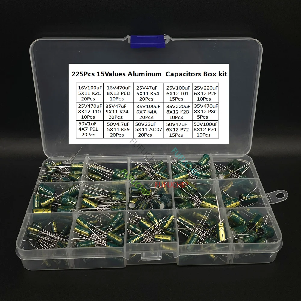 225Pcs/Box Capacitor Kit Aluminum Electrolytic Capacitors Set 15Values