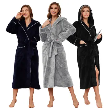 Winter American-Style Fashioned Bathrobe Coral Fleece Bathrobe Plus Size Bathrobe for Women Couples' Pyjamas Hooded Bathrobe