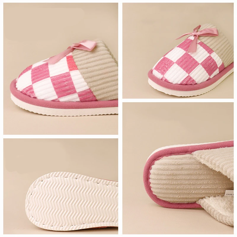 Gemischte Farben Karierte Cord-Hausschuhe für Damen Winter 2026 Weiche Sohle Warme Plüsch-Hausschuhe Damen Flauschige Schleifen-Indoor-Schuhe 45 – Detail 5