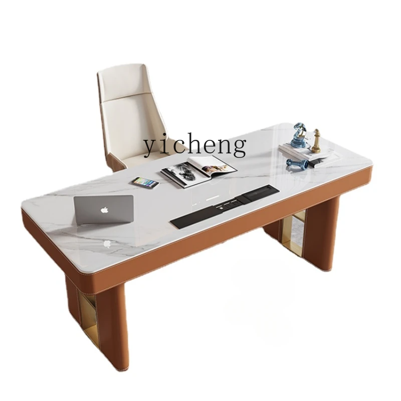 

ZC Saddle Leather Desk Modern Minimalist Study Computer Table Minimalist Desk Stone Plate Home Office Desk and Chair