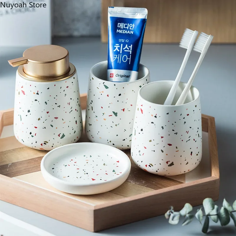European Bathroom Decoration Set Terrazzo Ceramic Emulsion Bottle Gargle Cup Soap Dish Art Supplies