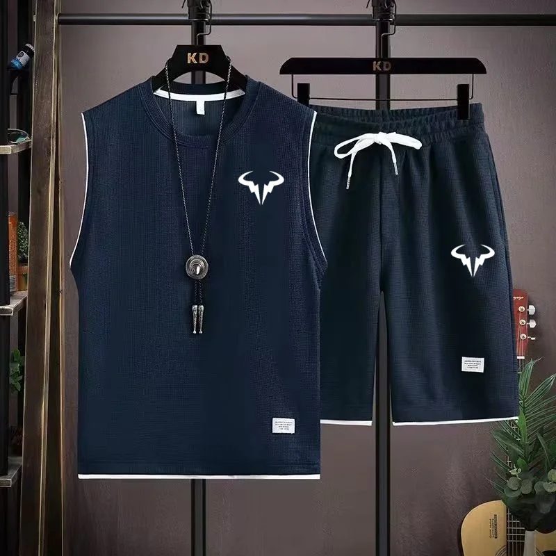 2024 Men's Waffle Summer Sets Casual T-Shirt+Shorts Set Male Sports Suit Solid Color Tracksuit Loose Suits 6