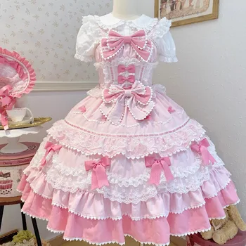 Japanese Sweet Lolita Cake Dress for Women Summer Pink Jsk Camisole Dresses 2026 New Slim Waist Bow Vestidos De Mujer 1