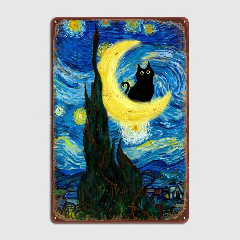 The Starry Night Black Cat Vintage Metal Plate Gaming Room Decoration For Pub Club Coffee Bar Garage Retro Wall Decoration Decor