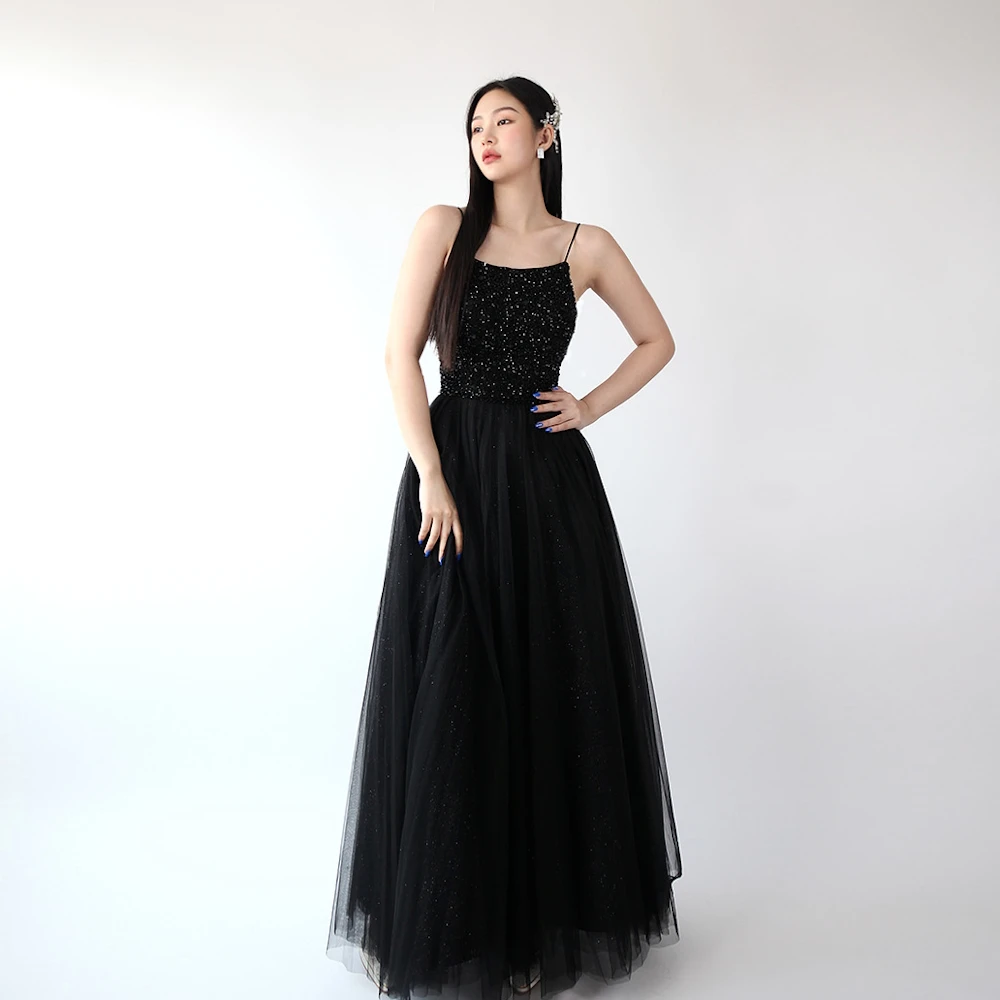 

ROSELLA Black Spaghetti Straps A Line Women Evening Party Dress Korea Formal Simple Event Modern Prom Gowns New Design 2023