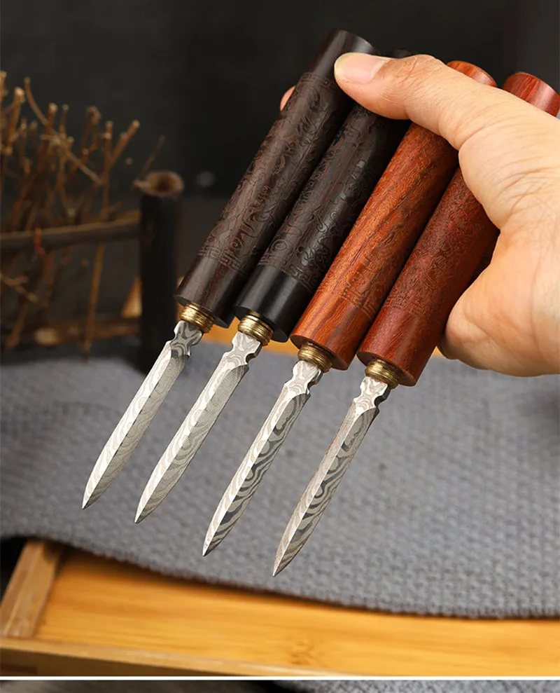 Damascus Pattern Steel Tea Needle Carved ebony Pu'er tea knife pattern steel black tea needle For ceremony spare parts 1Pcs