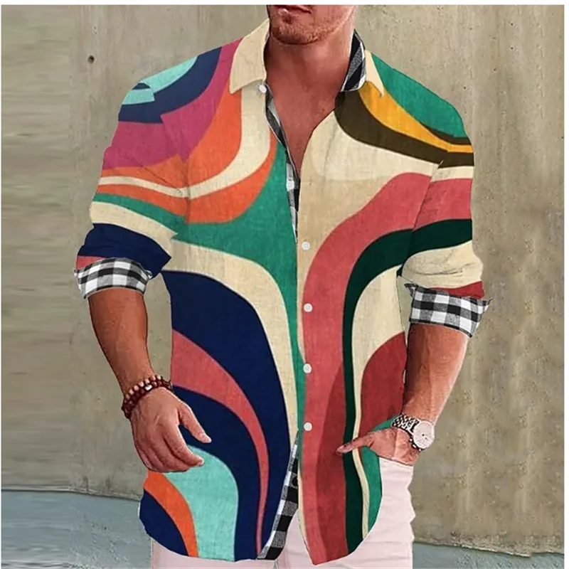 Men's Shirts Gradient Pattern Printing Marble Lapel Black Shirt Outdoor Street Long Sleeve Fashion Streetwear Designer Casual