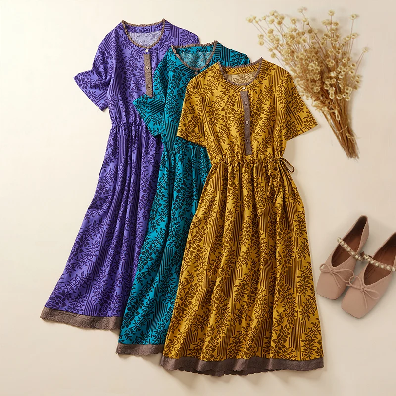 New Elegant Cotton Dresses Casual Loose Women Floral Dress Long Dresses