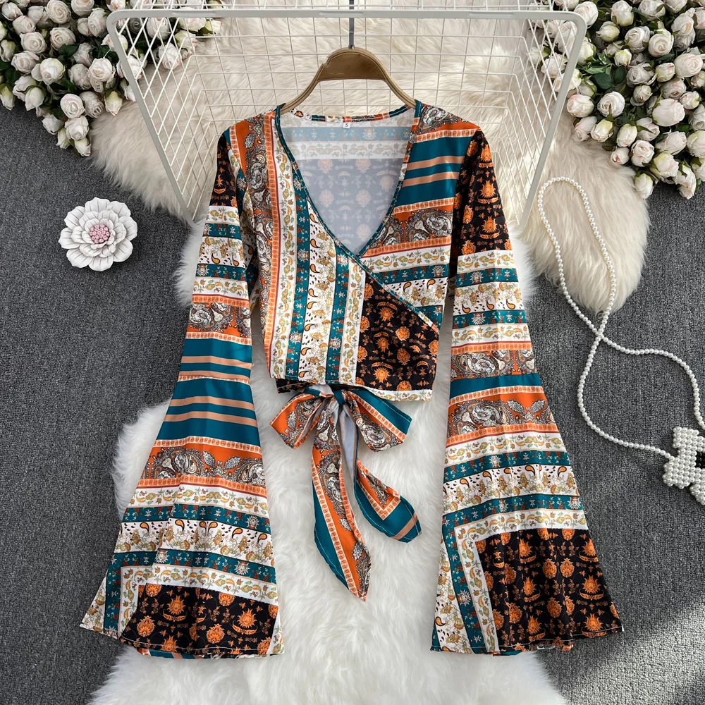 

2023 New Autumn Vintage Deep V-Neck Women Shirts Temperament Indie Folk Floral Flare Sleeve Short Blouses Beach Holiday Tops