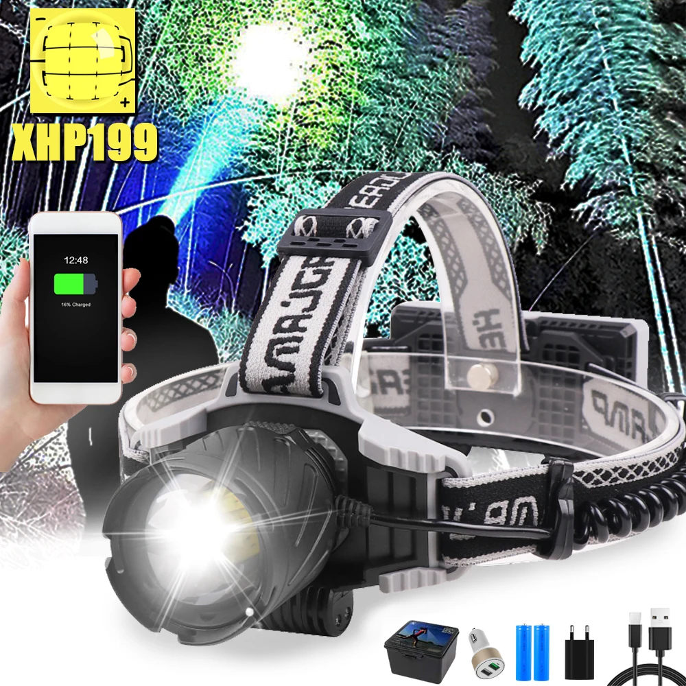 

Powerful XHP99 LED Headlamp Type-C USB Rechargeable Headlight Zoomable Output 18650 Head Flashlight Tail Warning Camping Fishing