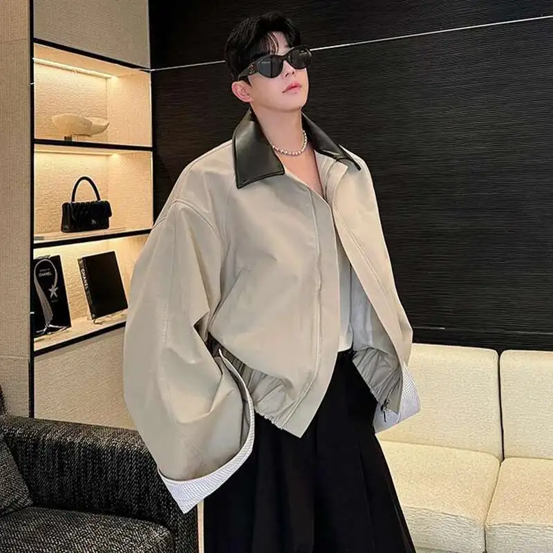LUZHEN Spring Design Leather Collar Trendy Jacket Personalized Handsome Classy Versatile Color Contrast Tops